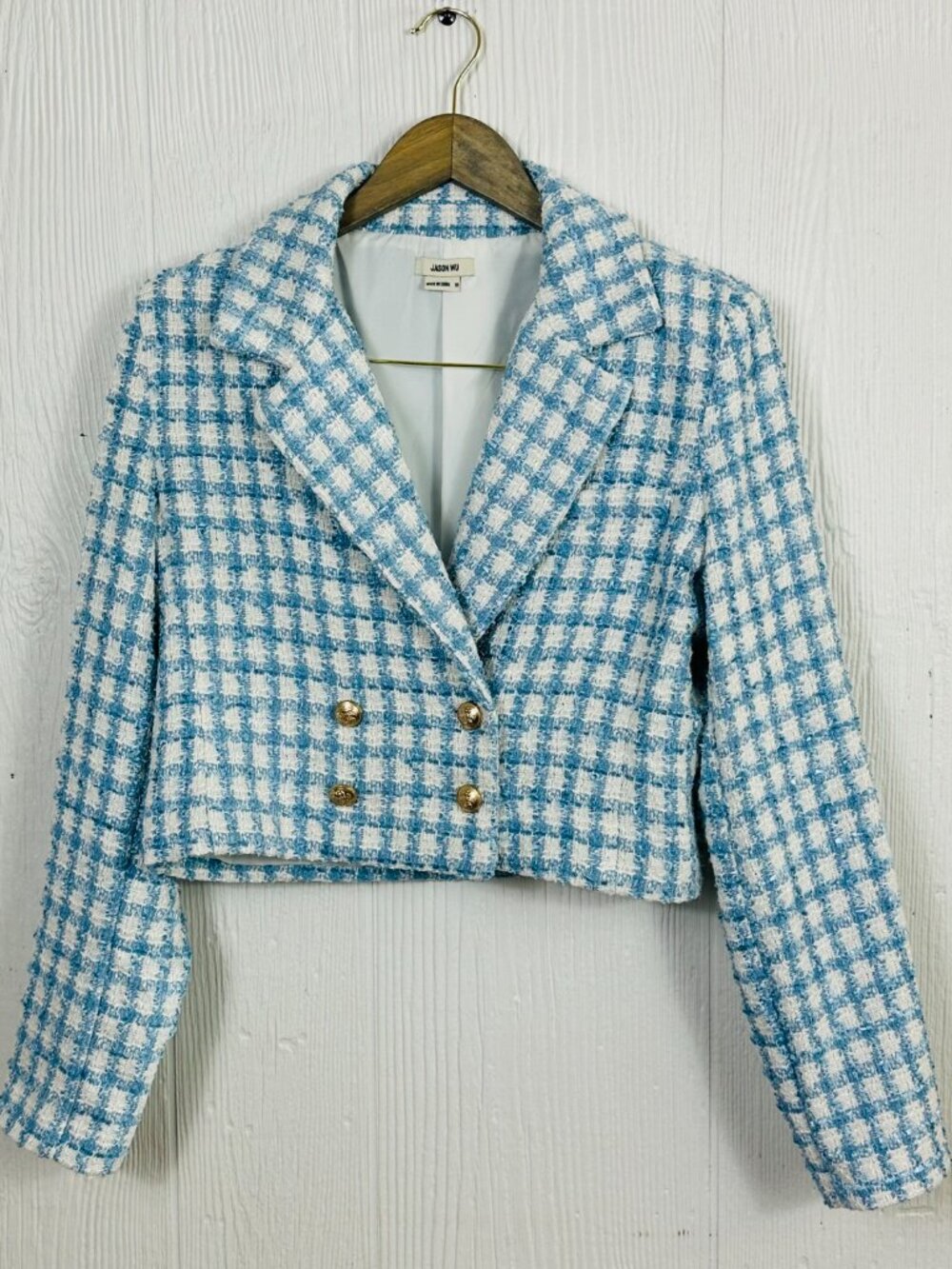 Jason Wu Tweed Skirt Set Blue Plaid Jacket & Mini Skirt Designer Luxe Size 10 - Picture 2 of 9